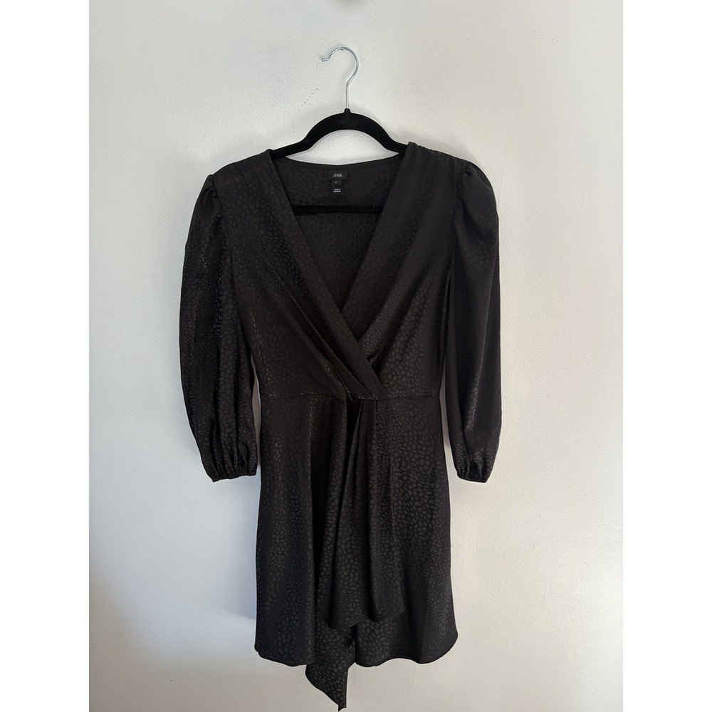 River Island Black Jacquard Animal Print Wrap Mini Dress Puff Sleeve Womens 6